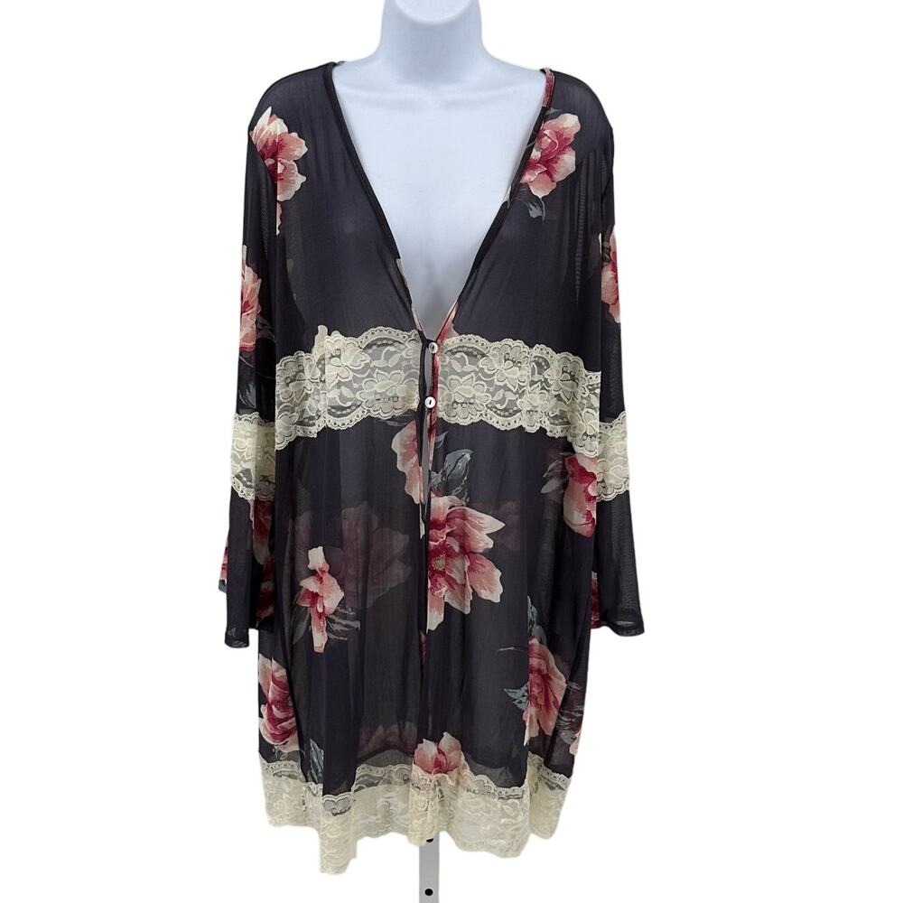 Sweet Rain Gray Pink White Floral Kimono Duster Womens Plus 2X Lace Trim Sheer
